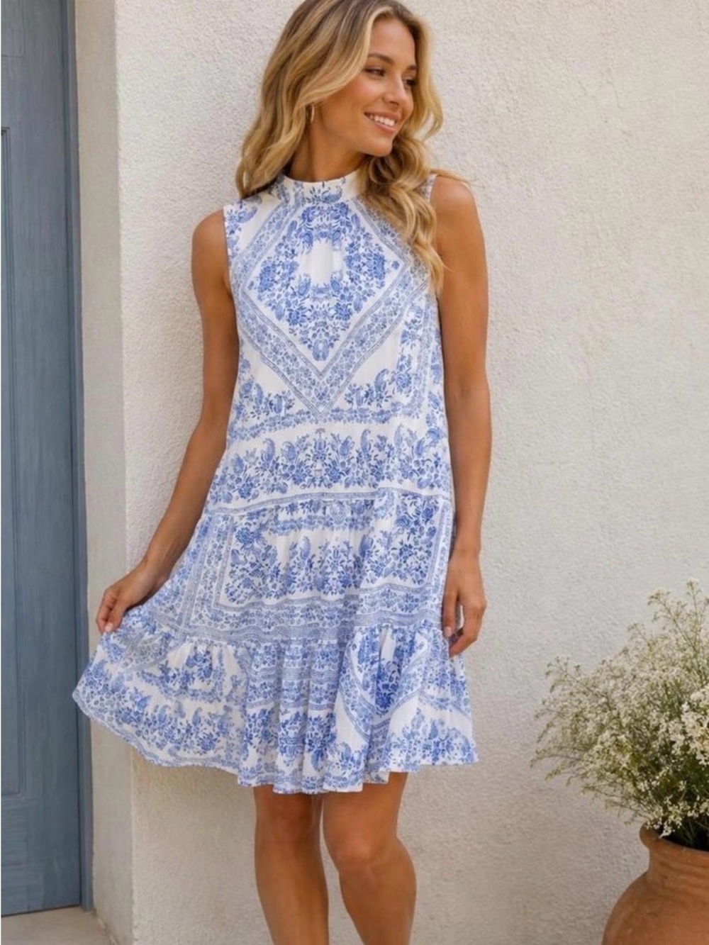 Calvin Klein White Dress with Blue Floral Print